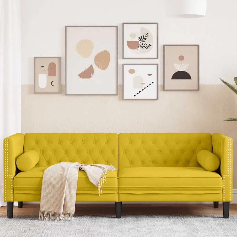 Trivietė chesterfield sofa su pagalvėlėmis, geltona, aksomas