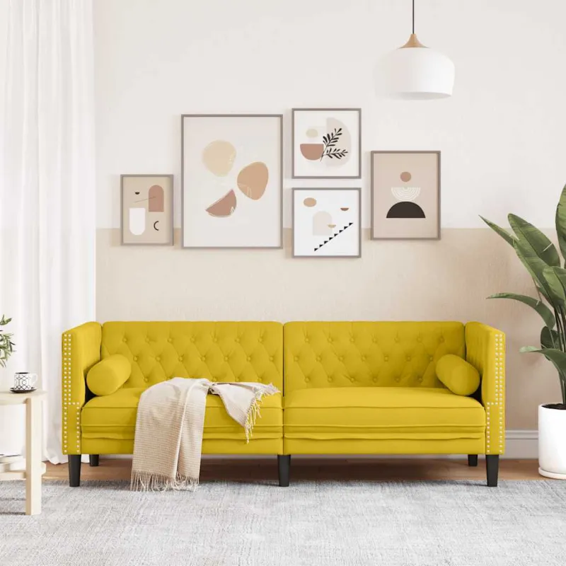 Trivietė chesterfield sofa su pagalvėlėmis, geltona, aksomas