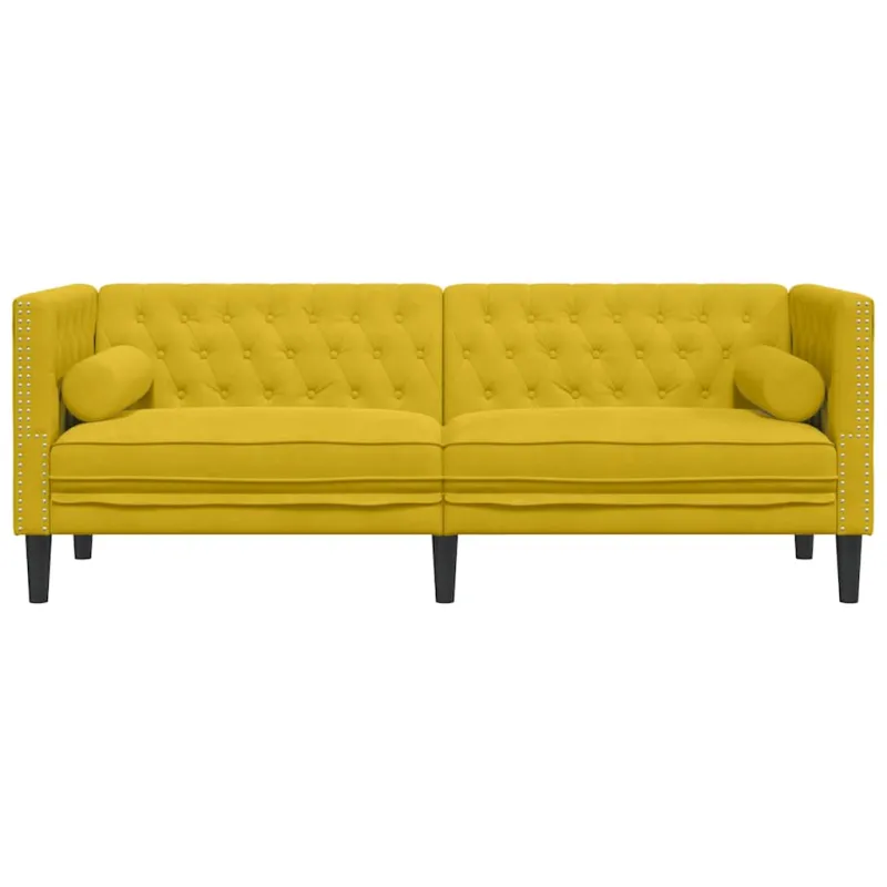 Trivietė chesterfield sofa su pagalvėlėmis, geltona, aksomas