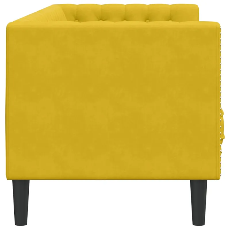 Trivietė chesterfield sofa su pagalvėlėmis, geltona, aksomas