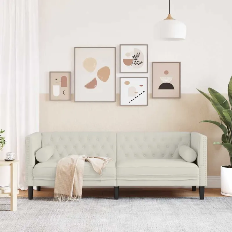 Trivietė chesterfield sofa su pagalvėlėmis, kreminė, aksomas