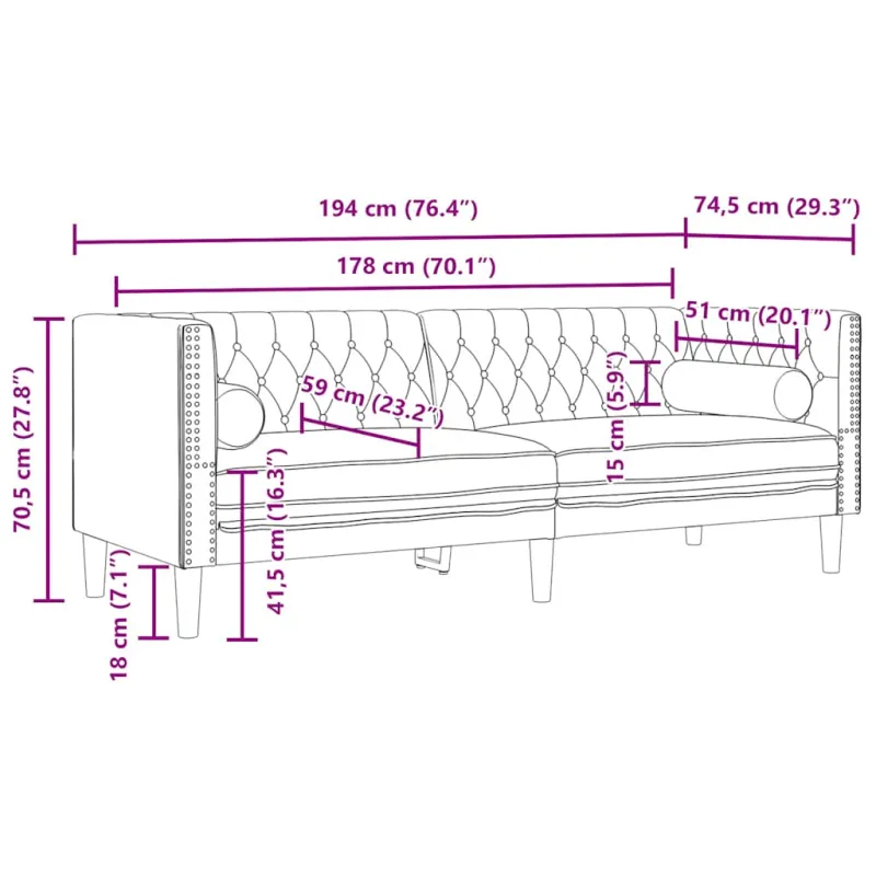 Trivietė chesterfield sofa su pagalvėlėmis, kreminė, aksomas