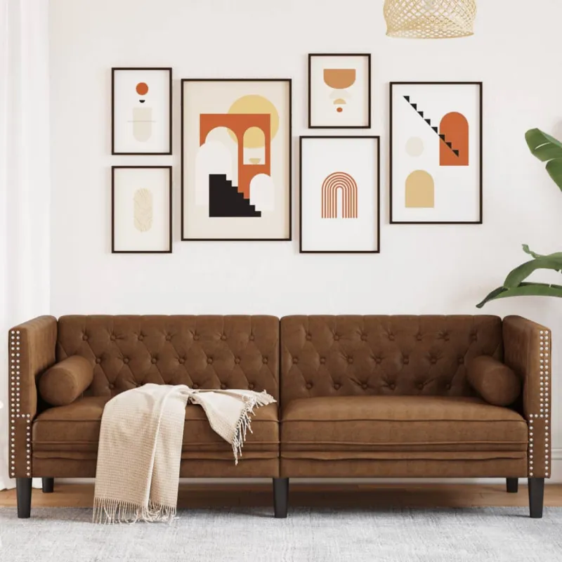 Trivietė chesterfield sofa su pagalvėlėmis, ruda, dirbtinė oda