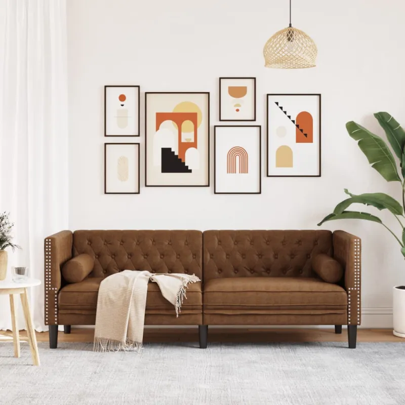 Trivietė chesterfield sofa su pagalvėlėmis, ruda, dirbtinė oda