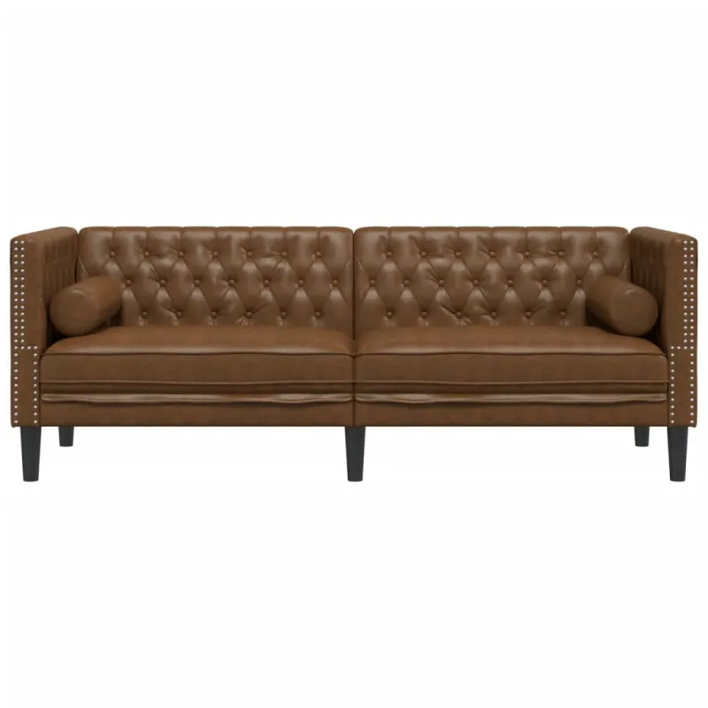 Trivietė chesterfield sofa su pagalvėlėmis, ruda, dirbtinė oda