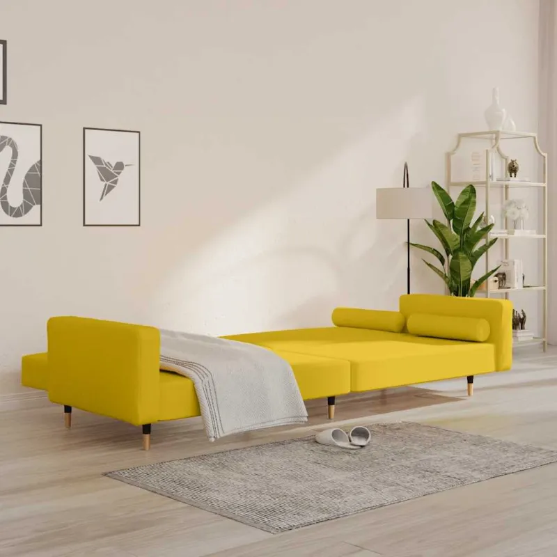 Dvivietė sofa-lova su dvejomis pagalvėmis, geltona, aksomas