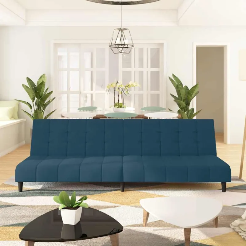 Dvivietė sofa-lova, mėlynos spalvos, aksomas