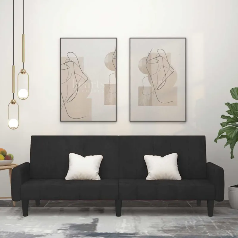Dvivietė sofa-lova, juodos spalvos, aksomas
