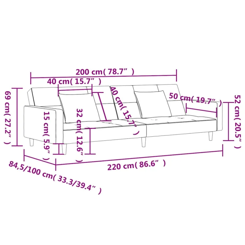 Dvivietė sofa-lova su dvejomis pagalvėmis, juoda, audinys