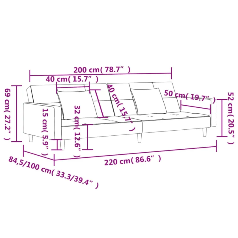 Dvivietė sofa-lova su dvejomis pagalvėmis, mėlyna, audinys