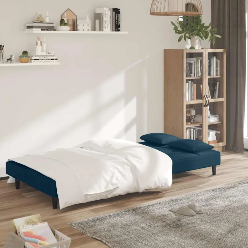 Dvivietė sofa-lova su dvejomis pagalvėmis, mėlyna, aksomas