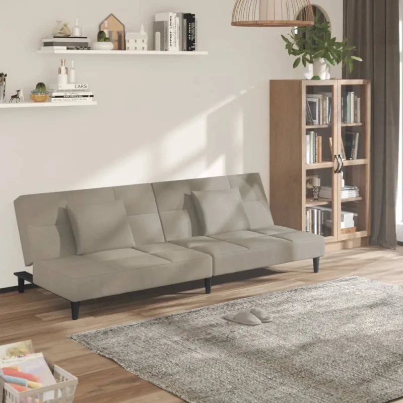 Dvivietė sofa-lova su dvejomis pagalvėmis, pilka, aksomas