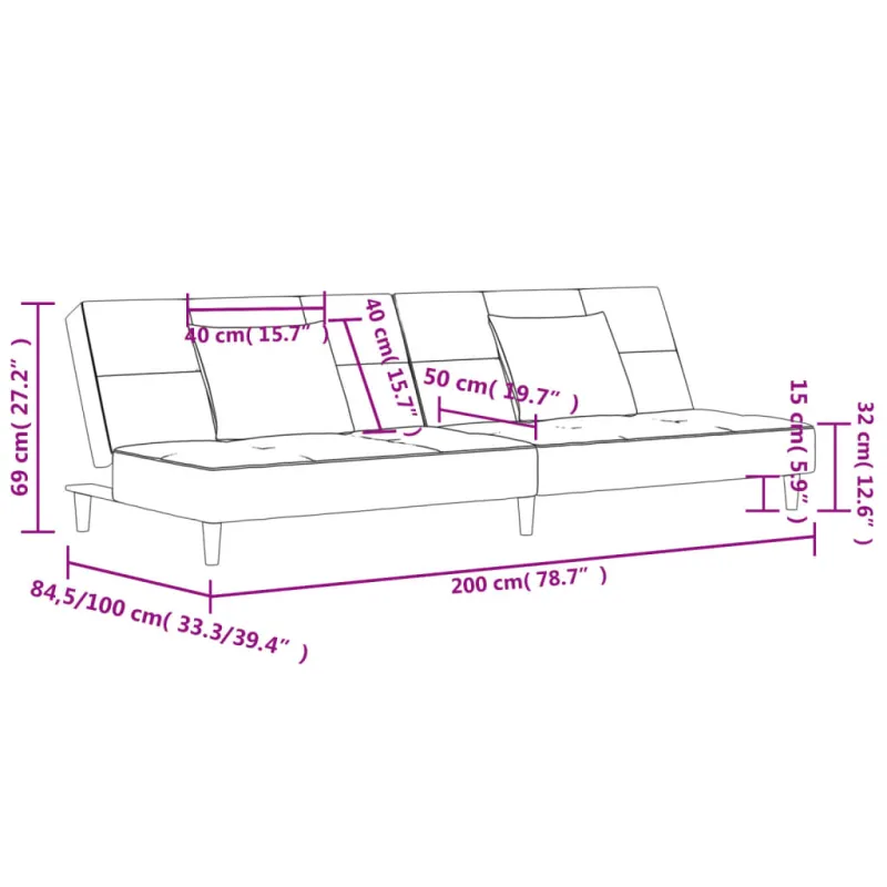 Dvivietė sofa-lova su dvejomis pagalvėmis, pilka, aksomas