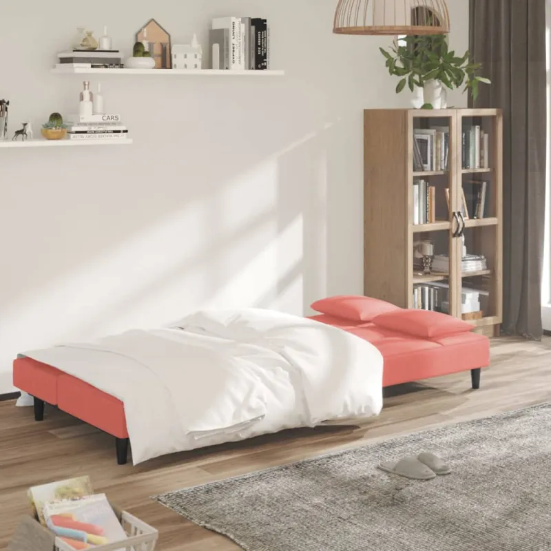 Dvivietė sofa-lova su dvejomis pagalvėmis, rožinė, aksomas