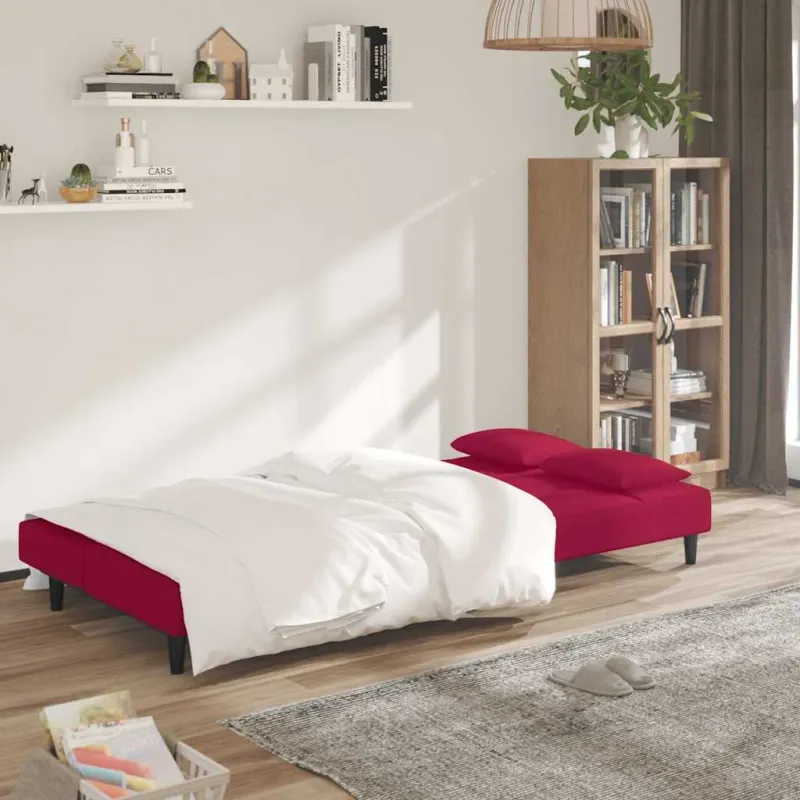 Dvivietė sofa-lova su dvejomis pagalvėmis, vyno, aksomas