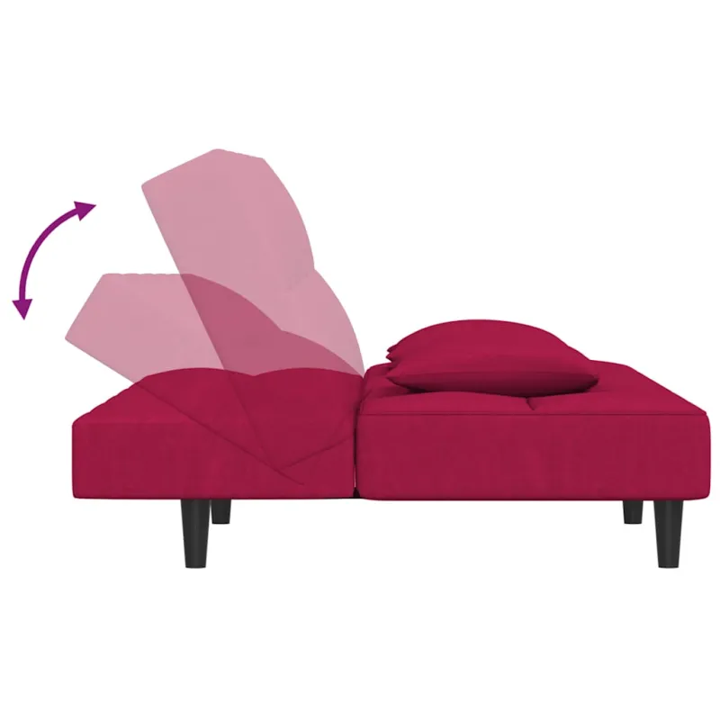 Dvivietė sofa-lova su dvejomis pagalvėmis, vyno, aksomas