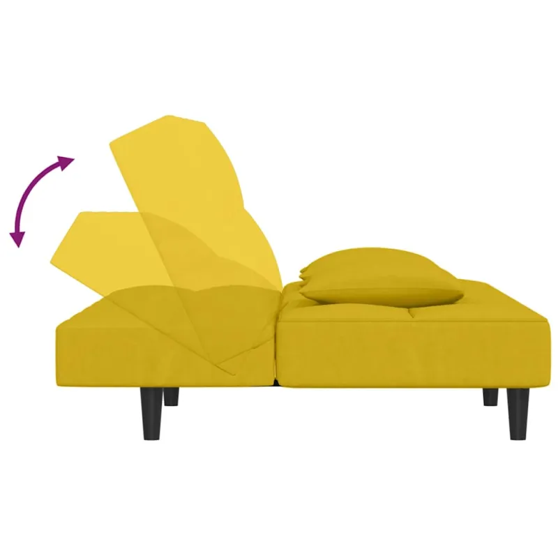 Dvivietė sofa-lova su dvejomis pagalvėmis, geltona, aksomas
