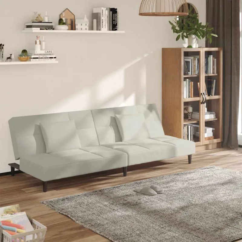 Dvivietė sofa-lova su dvejomis pagalvėmis, kreminė, aksomas