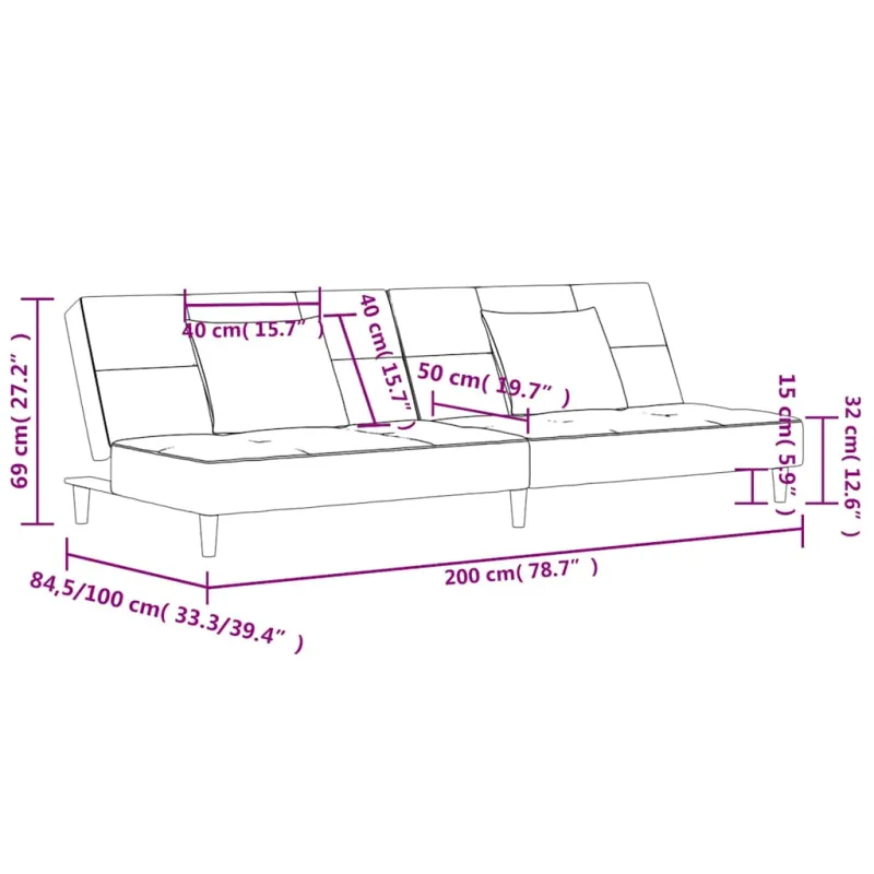 Dvivietė sofa-lova su dvejomis pagalvėmis, kreminė, aksomas