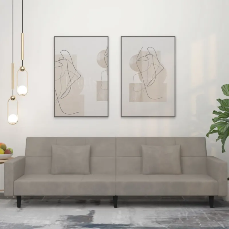 Dvivietė sofa-lova su dvejomis pagalvėmis, pilka, aksomas