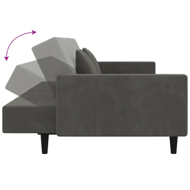 Dvivietė sofa-lova su dvejomis pagalvėmis, pilka, aksomas