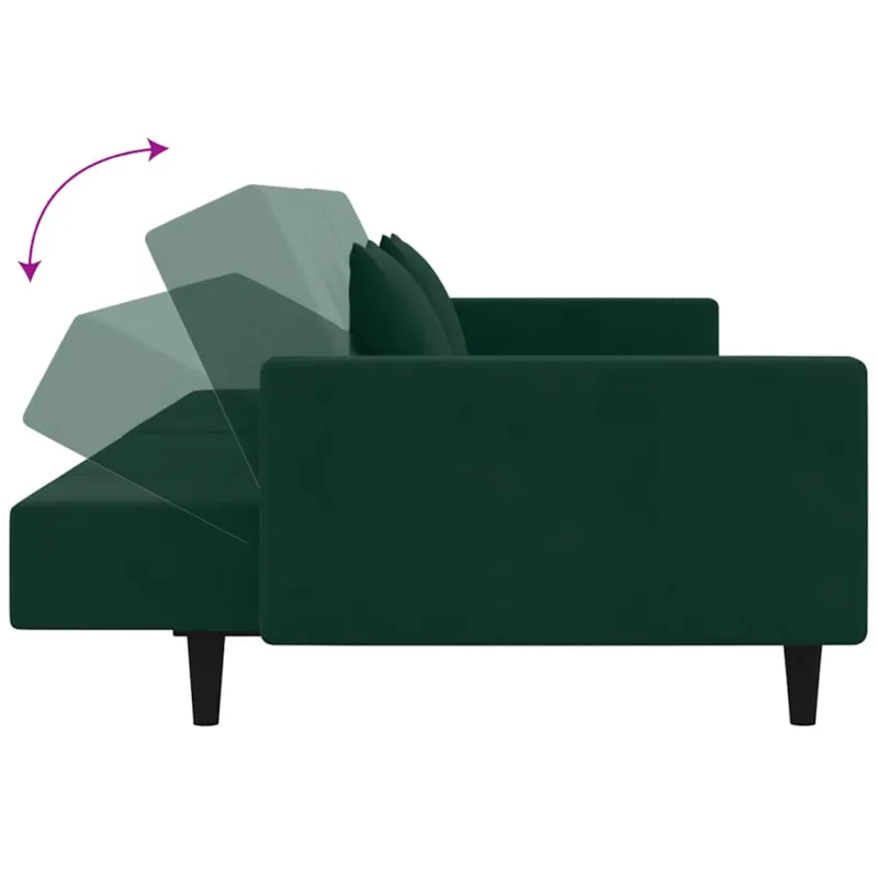 Dvivietė sofa-lova su dvejomis pagalvėmis, žalia, aksomas