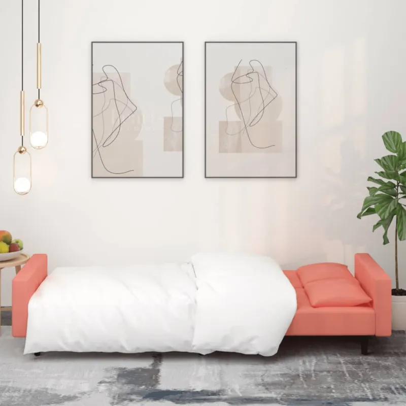 Dvivietė sofa-lova su dvejomis pagalvėmis, rožinė, aksomas