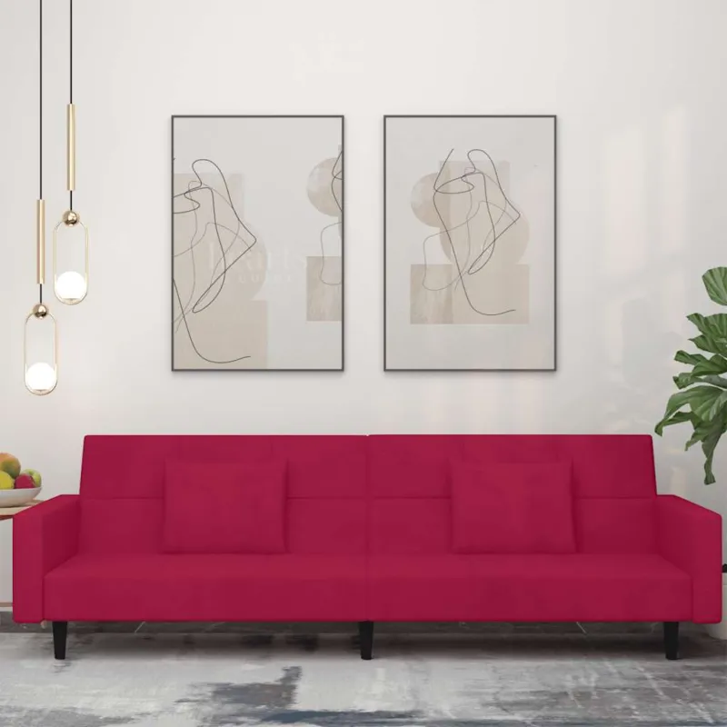 Dvivietė sofa-lova su dvejomis pagalvėmis, vyno, aksomas