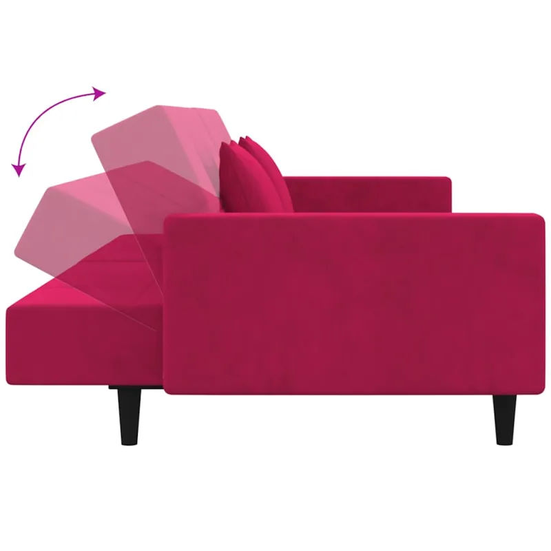 Dvivietė sofa-lova su dvejomis pagalvėmis, vyno, aksomas