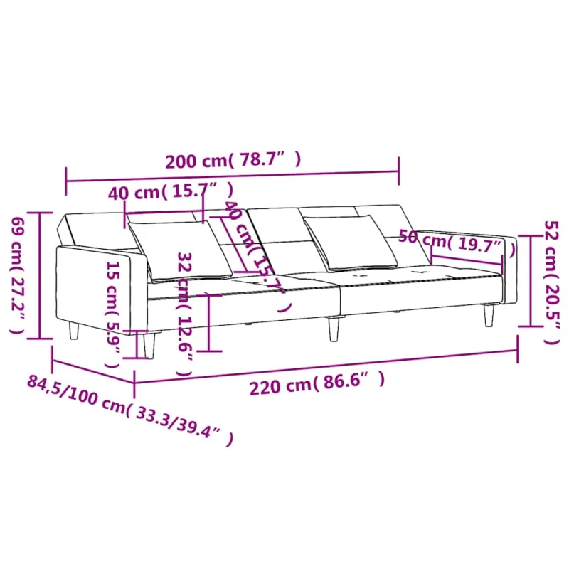 Dvivietė sofa-lova su dvejomis pagalvėmis, vyno, aksomas