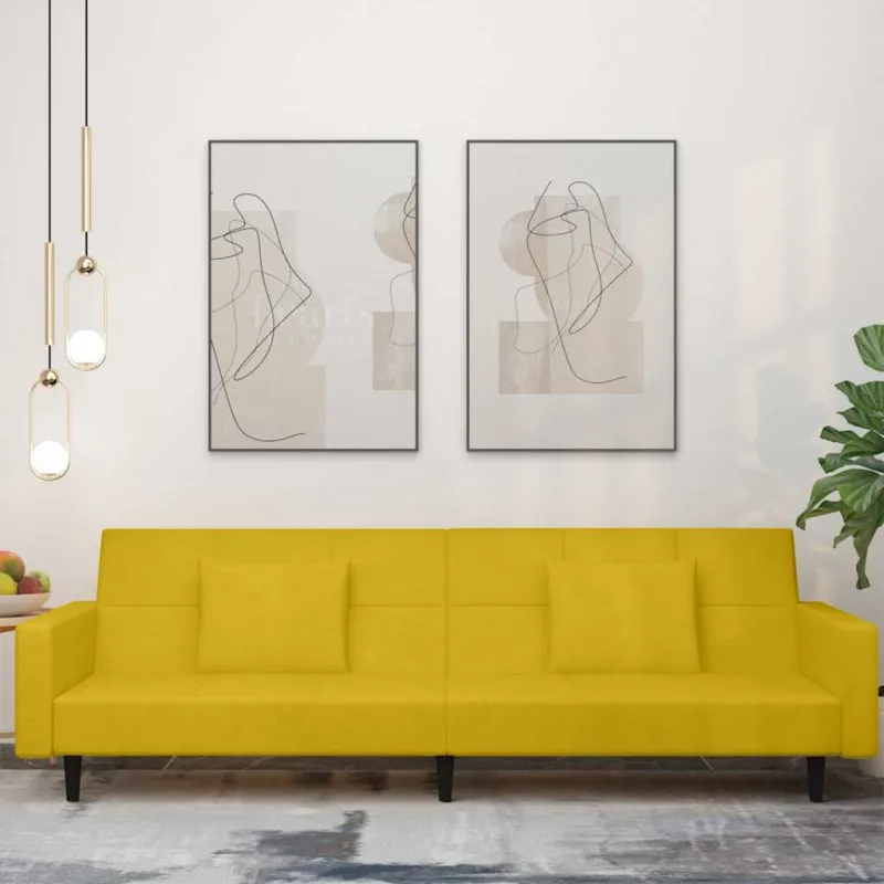Dvivietė sofa-lova su dvejomis pagalvėmis, geltona, aksomas