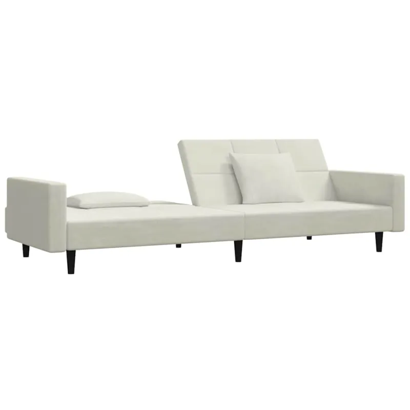 Dvivietė sofa-lova su dvejomis pagalvėmis, kreminė, aksomas