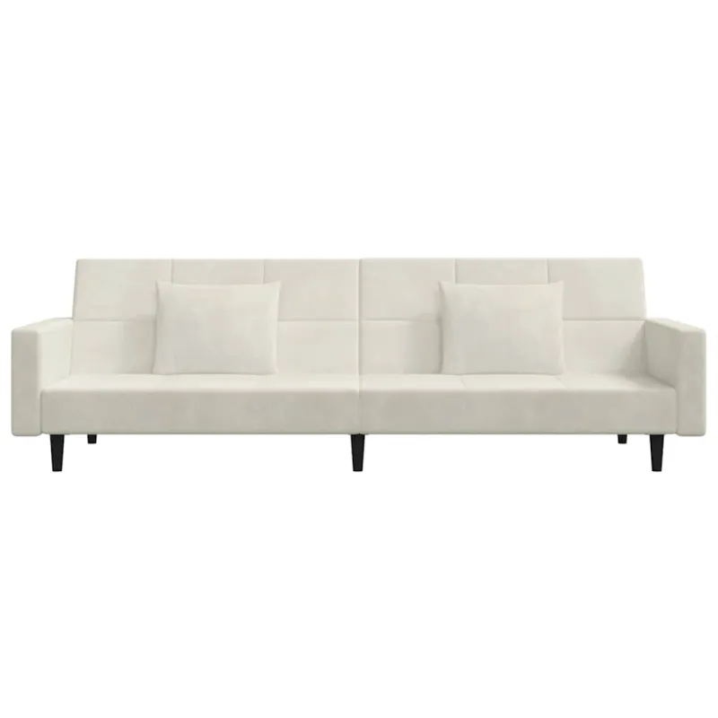 Dvivietė sofa-lova su dvejomis pagalvėmis, kreminė, aksomas