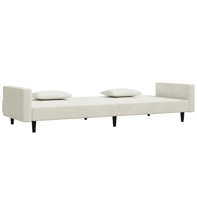 Dvivietė sofa-lova su dvejomis pagalvėmis, kreminė, aksomas