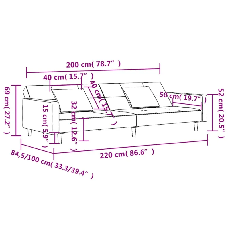 Dvivietė sofa-lova su dvejomis pagalvėmis, kreminė, aksomas