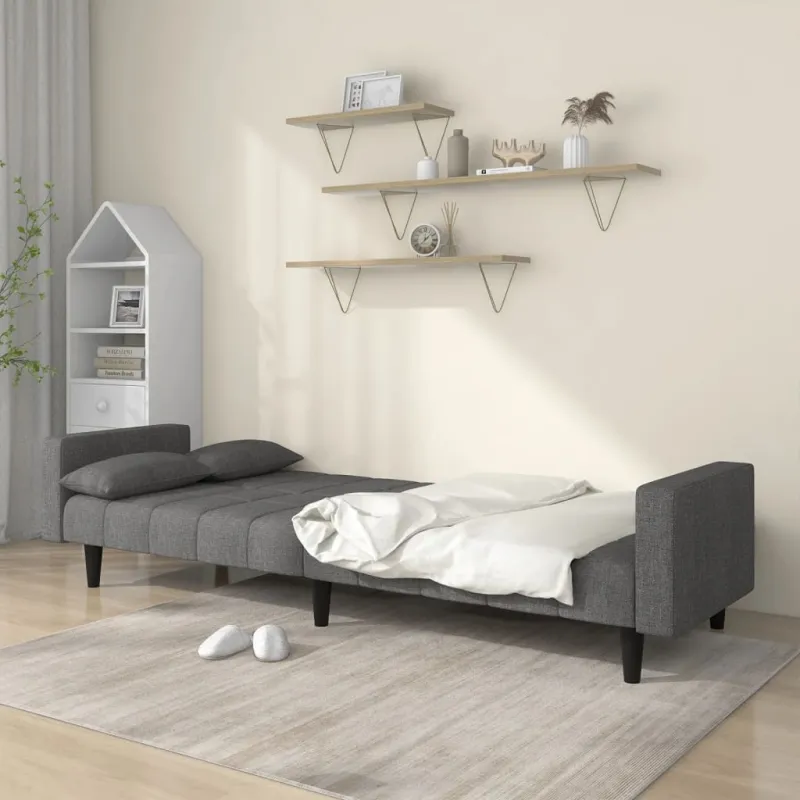 Dvivietė sofa-lova su dvejomis pagalvėmis, pilka, audinys