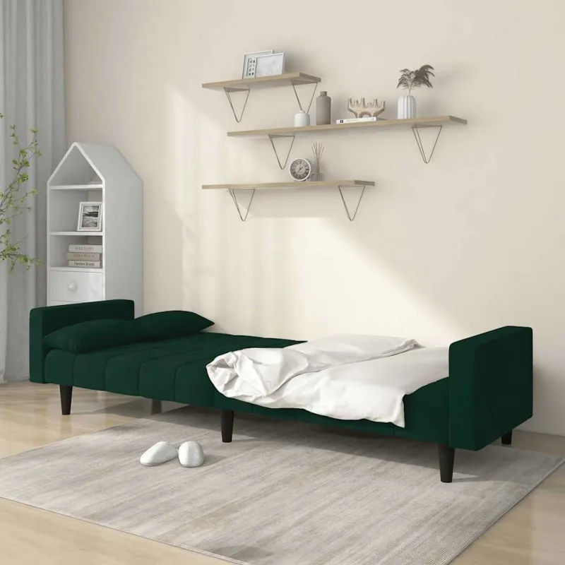Dvivietė sofa-lova su dvejomis pagalvėmis, žalia, aksomas