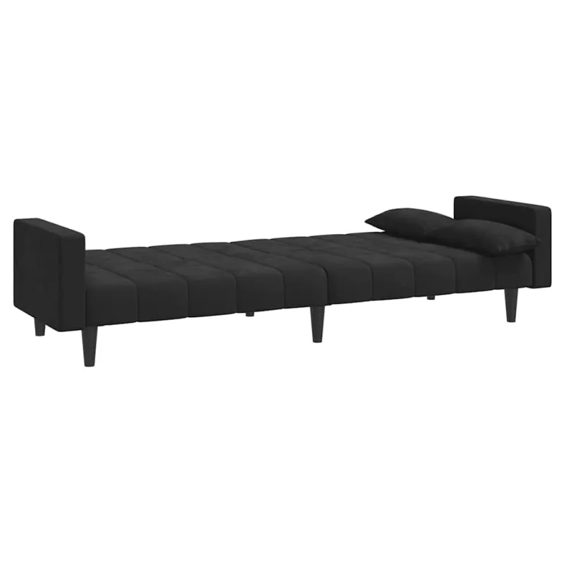 Dvivietė sofa-lova su dvejomis pagalvėmis, juoda, aksomas
