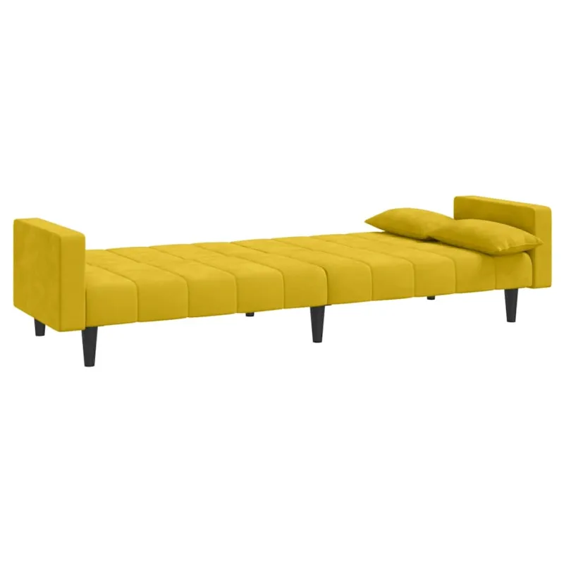 Dvivietė sofa-lova su dvejomis pagalvėmis, geltona, aksomas