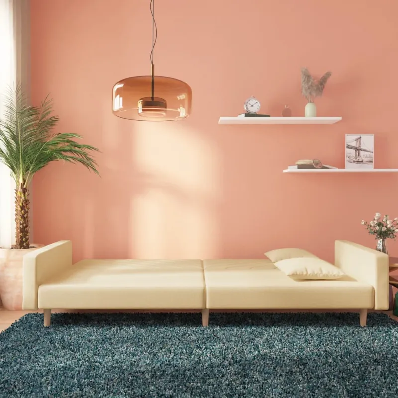 Dvivietė sofa-lova su dvejomis pagalvėmis, kreminė, audinys