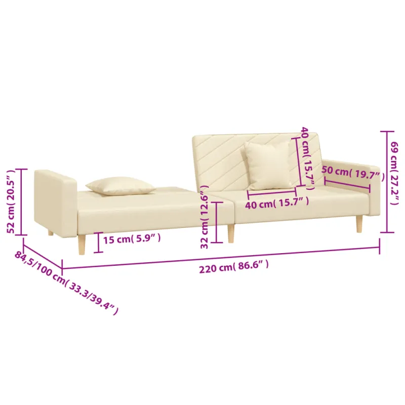 Dvivietė sofa-lova su dvejomis pagalvėmis, kreminė, audinys