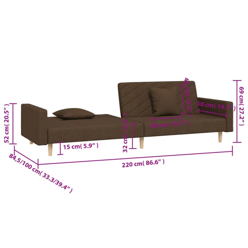 Dvivietė sofa-lova dvejomis pagalvėmis, rudos spalvos, audinys
