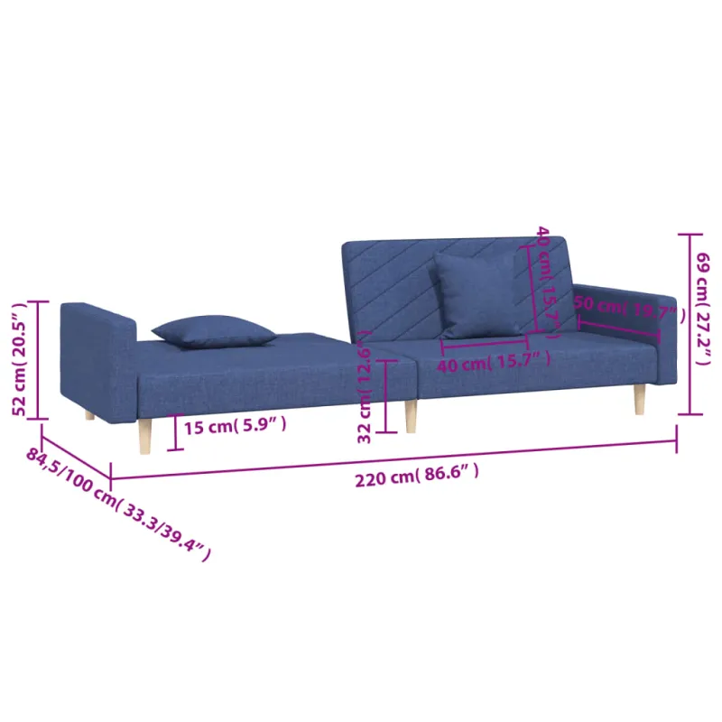 Dvivietė sofa-lova su dvejomis pagalvėmis, mėlyna, audinys