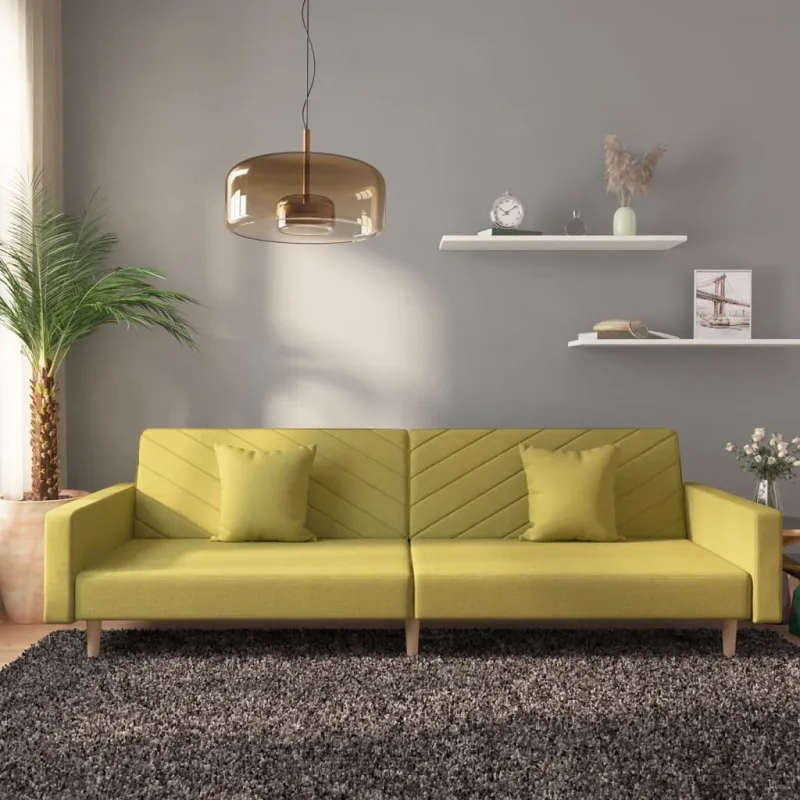 Dvivietė sofa-lova su dvejomis pagalvėmis, žalia, audinys