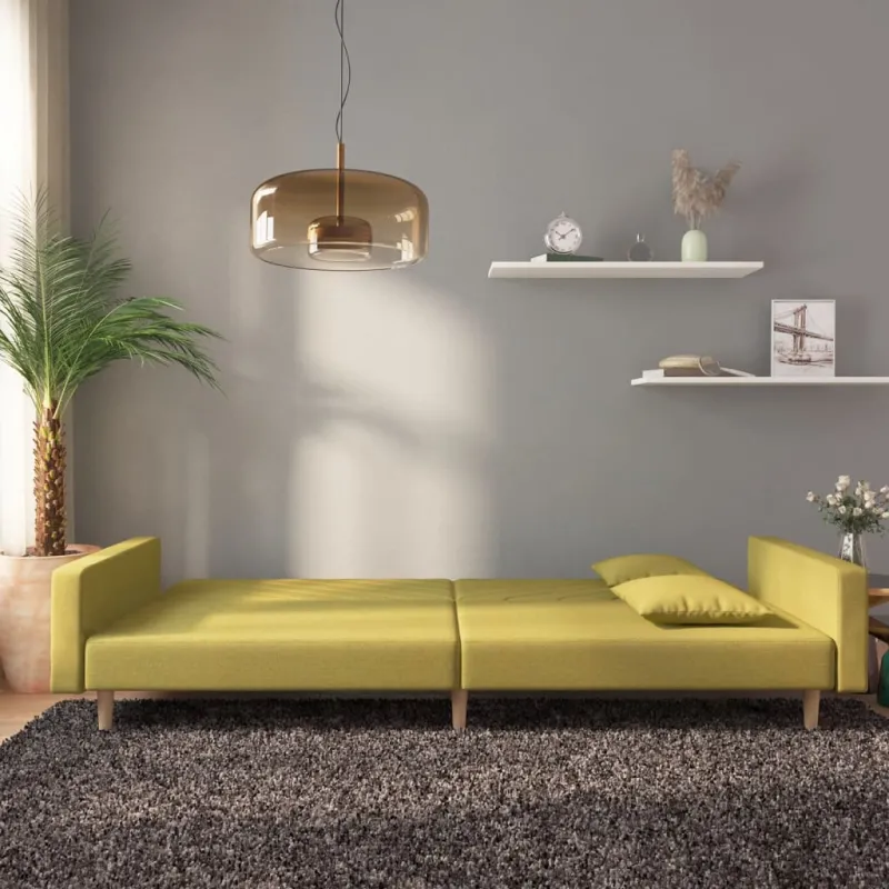 Dvivietė sofa-lova su dvejomis pagalvėmis, žalia, audinys