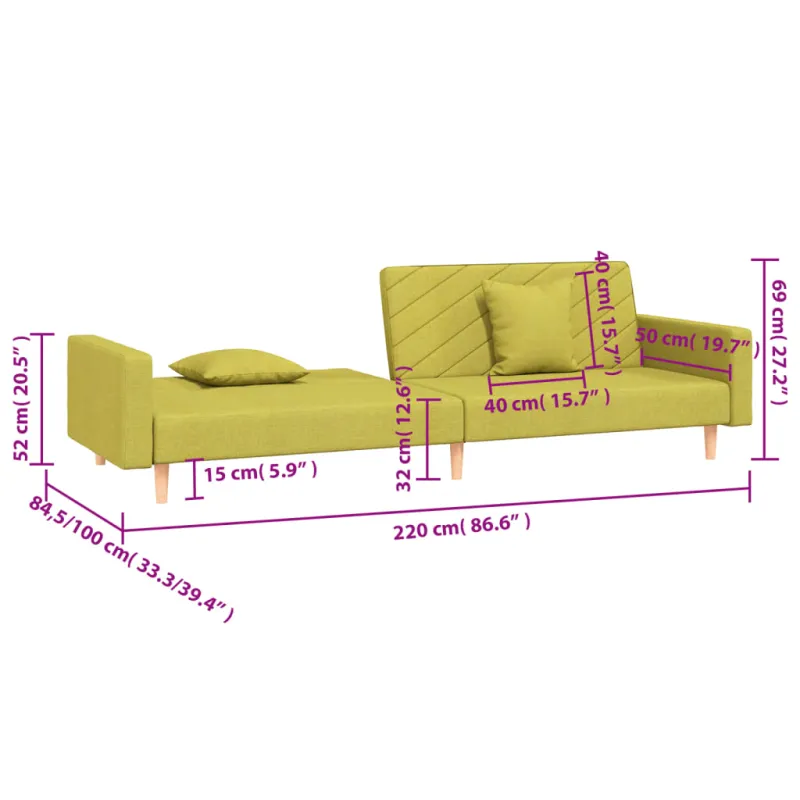 Dvivietė sofa-lova su dvejomis pagalvėmis, žalia, audinys