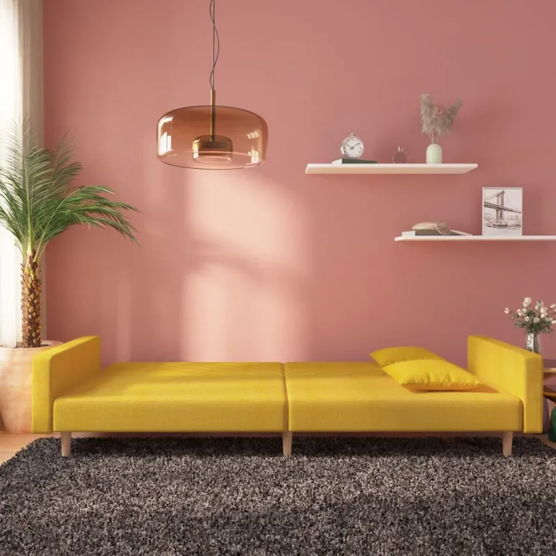 Dvivietė sofa-lova su dvejomis pagalvėmis, geltona, audinys