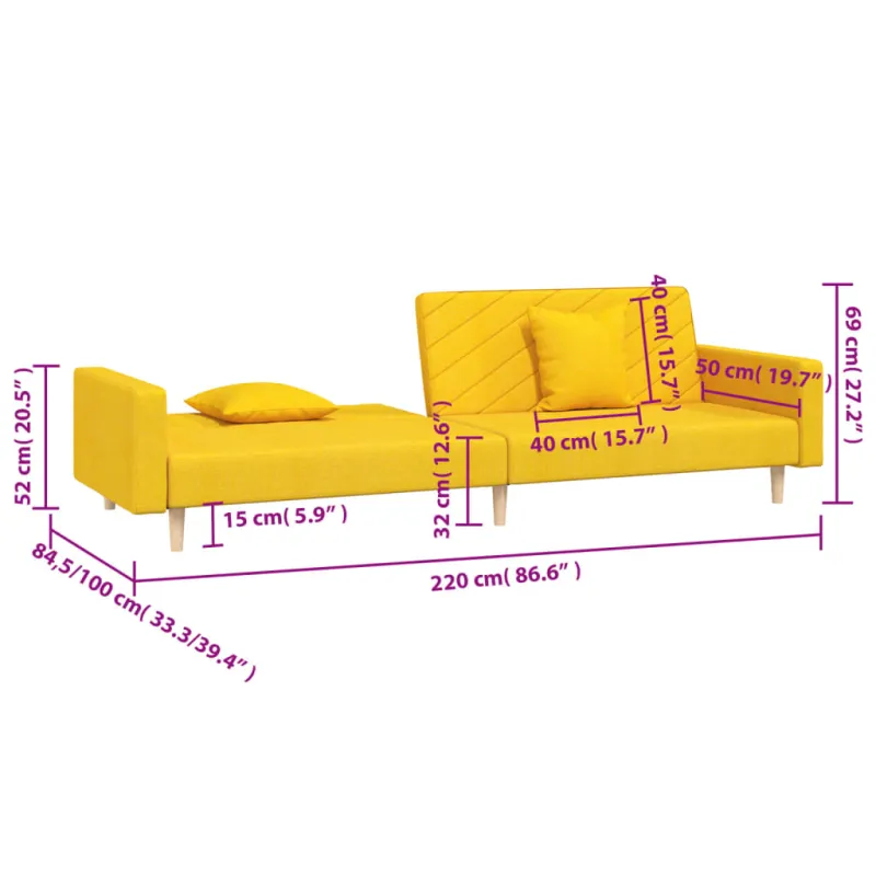 Dvivietė sofa-lova su dvejomis pagalvėmis, geltona, audinys