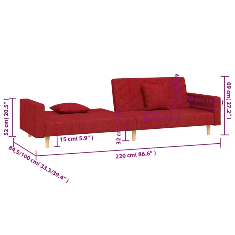Dvivietė sofa-lova su dvejomis pagalvėmis, vyno, audinys