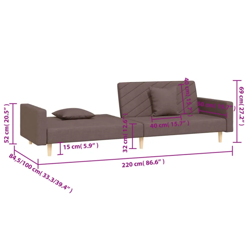 Dvivietė sofa-lova su dvejomis pagalvėmis, taupe, audinys